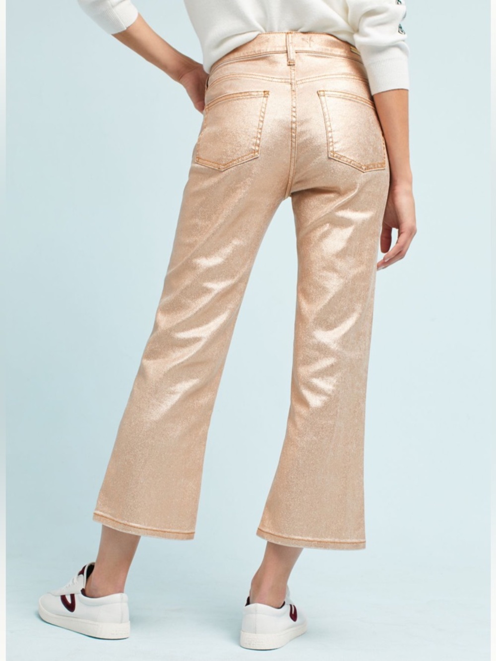 Anthropologie Pilcro Coated High-Rise Cropped Flare Gold Metallic Jeans Size 28 - Picture 2 of 12